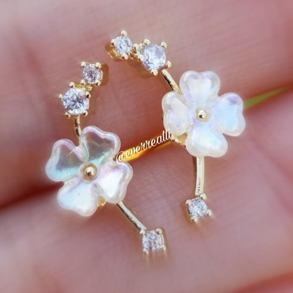 Tiny Gold Delicate Iridescent Flower Earrings - Picture 3 of 4